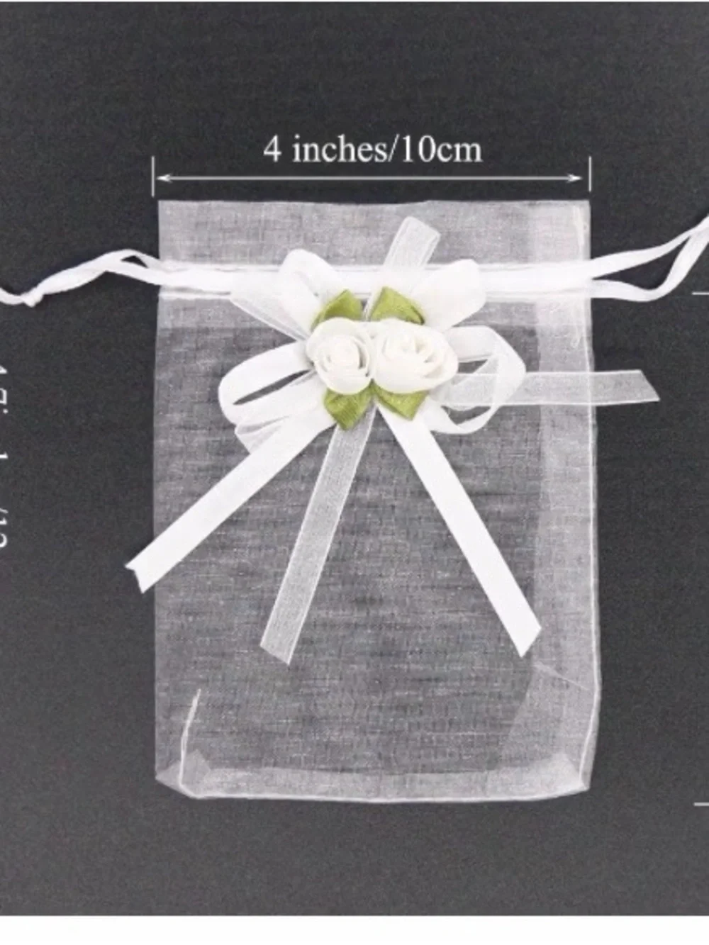 Elegant White Rose Organza Favor Bags with Green Leaves - 50 bags